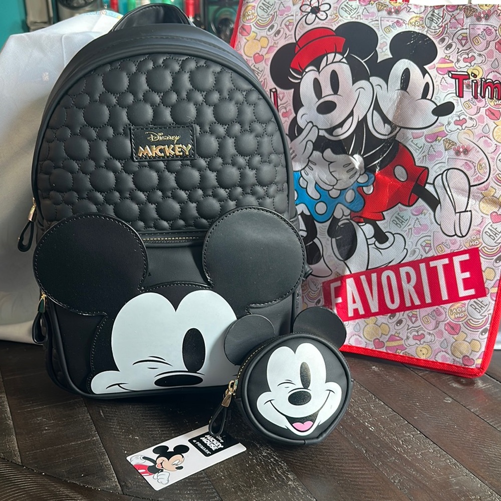 Primark Disney Winking Mickey Backpack and coin purse and bonus tote bag NEW